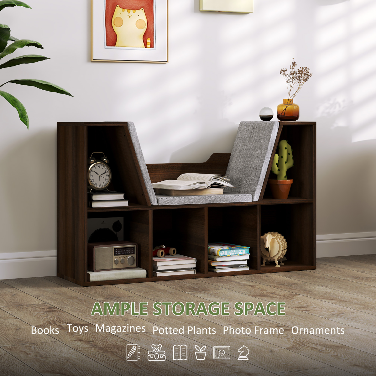 HOMCOM Cube Bookshelf Organizer with Reading Seat, 6-Cube Storage, Chestnut