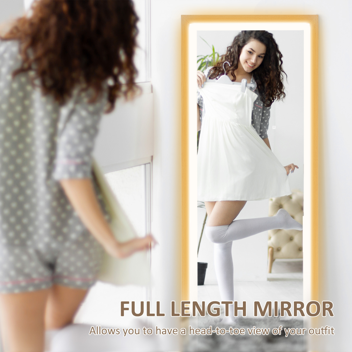 HOMCOM Full Length LED Dimming Mirror, Standing/Wall Mount, Oak
