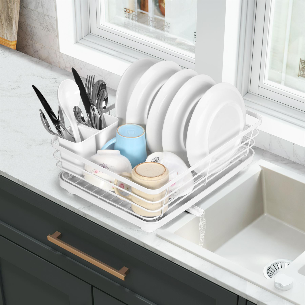 Vinsani White Stainless Steel Dish Drying Rack with Drip Tray and Utensil Holder