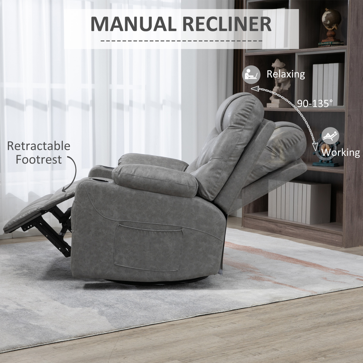 HOMCOM PU Leather Manual Recliner Chair with 360 Degree Swivel, Cup Holders and Side Pockets