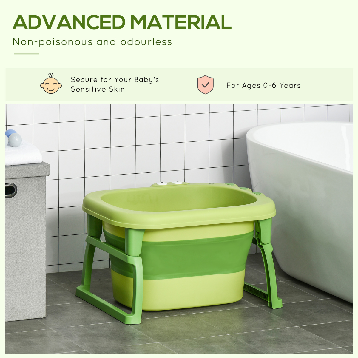 Foldable Baby Bathtub with Stool for 0-6 Years - Green