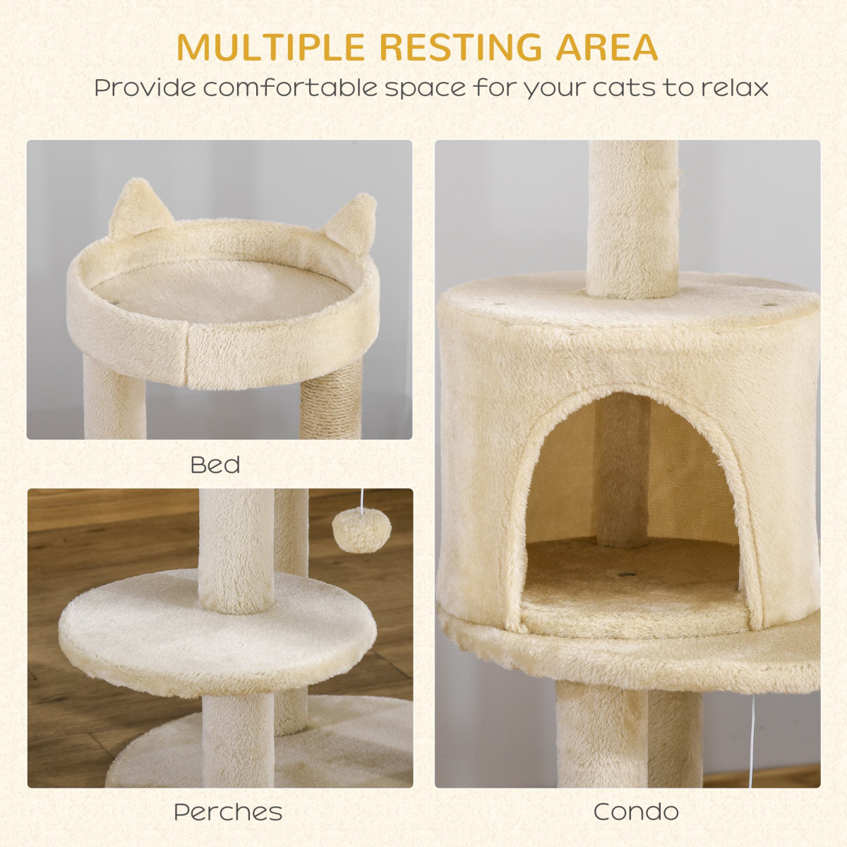 3-Tier Deluxe Cat Activity Tree Scratching Posts Kitten Beige Pawhut