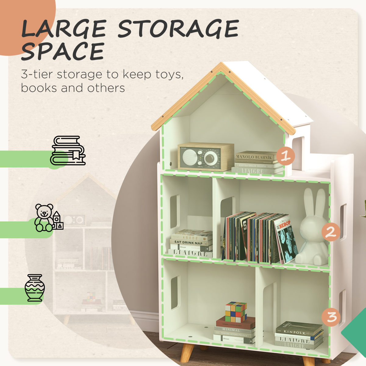ZONEKIZ 3-Tier Toy Storage Shelf, 6 Cubby Organizer, White for Playroom & Bedroom