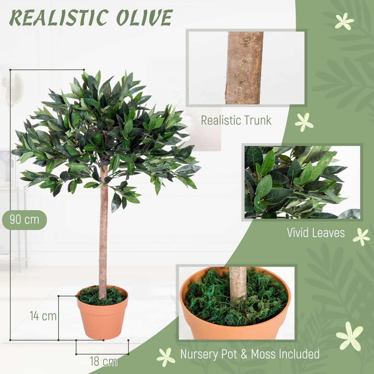 Outsunny Artificial Olive Tree Plant, 90 cm, Realistic Decor