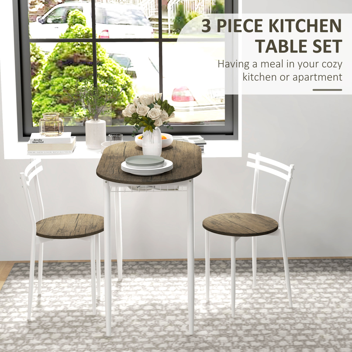 HOMCOM 3-Piece Dining Table and 2 Chairs Set, Oval Kitchen Table with Storage Shelf, Natural