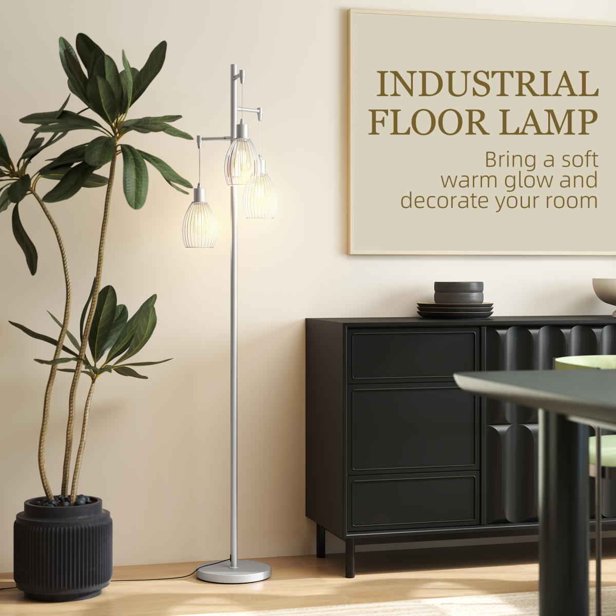 HOMCOM Industrial 3-Light Dimmable Floor Lamp, Silver Tone