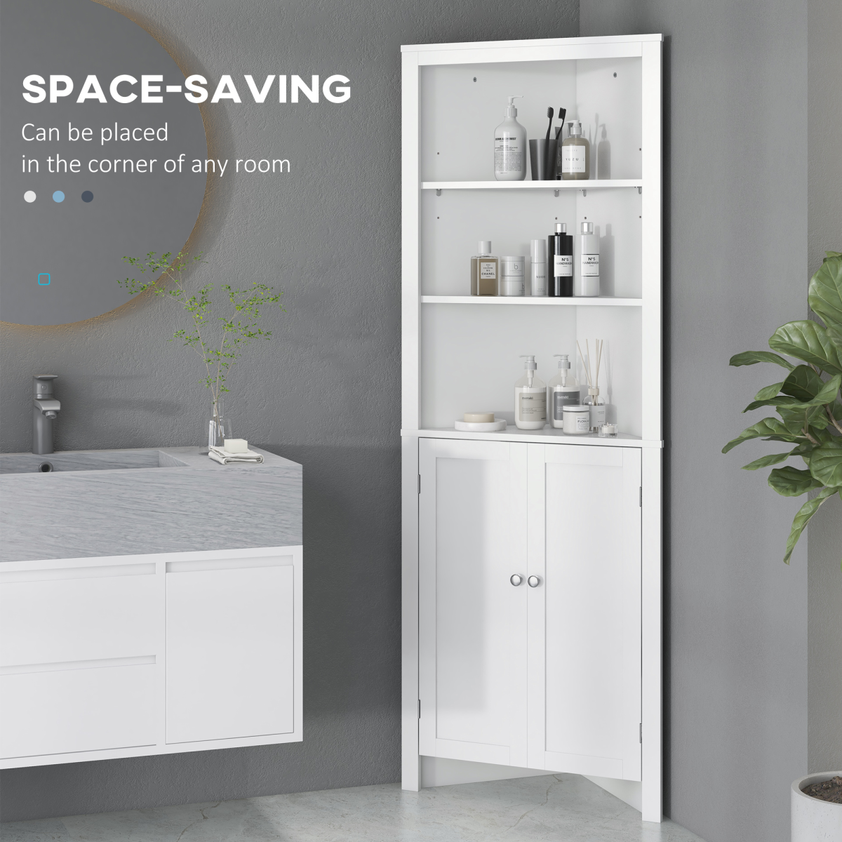 Freestanding Corner Bathroom Cabinet with Double Doors and Adjustable Shelves, White