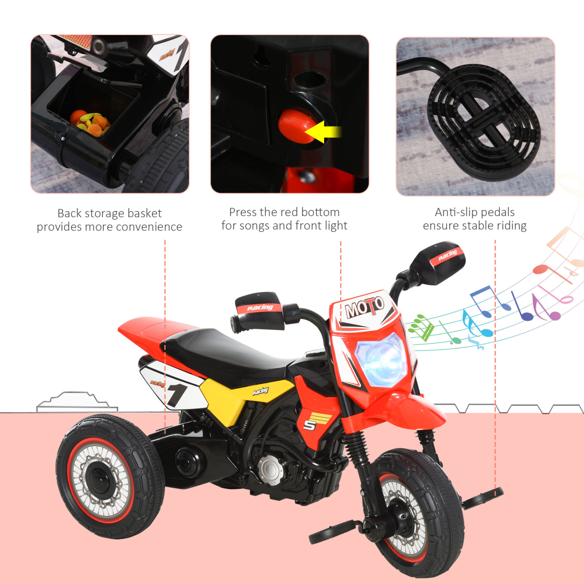 HOMCOM Toddler Pedal Tricycle Ride-On with Music and Lights, 18-36 Months, Red
