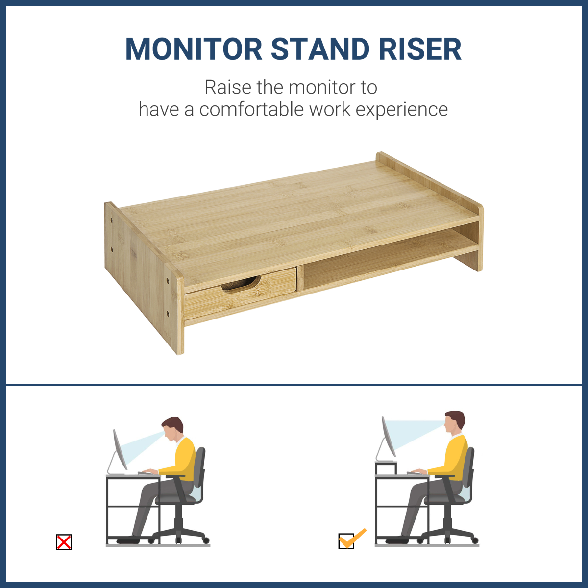 HOMCOM Bamboo Monitor Riser Desk Organizer with Drawer