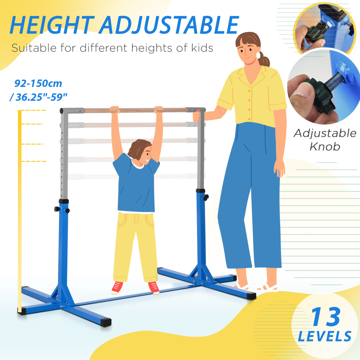 HOMCOM Adjustable Kids Gymnastics Bar, Steel Frame, Wood Bar, Blue