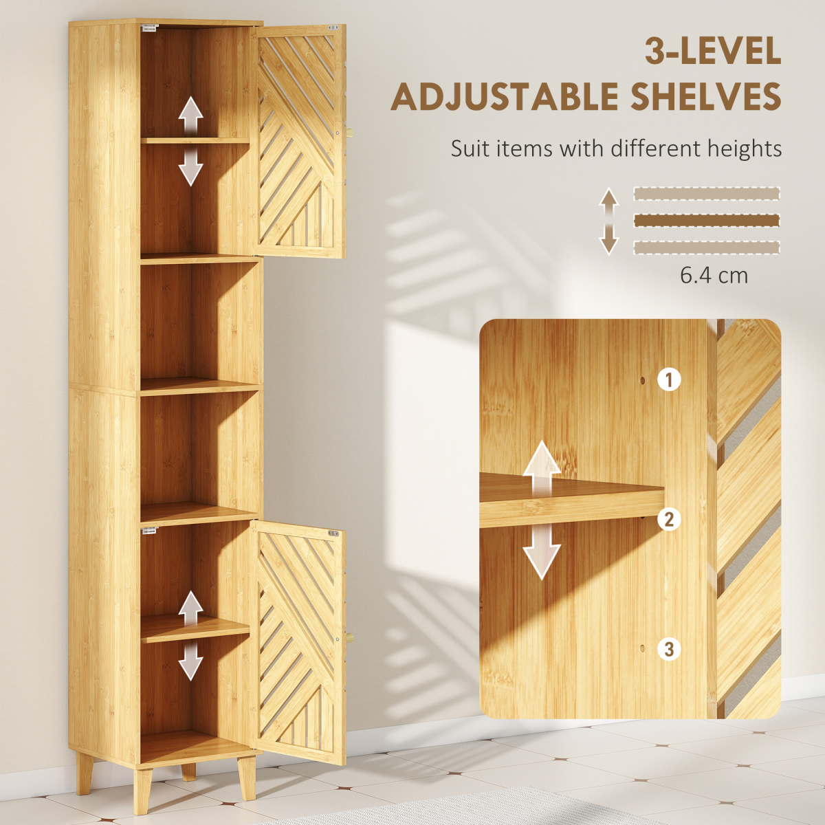 HOMCOM Tall Bathroom Storage Cabinet with Open Compartments, Adjustable Shelves