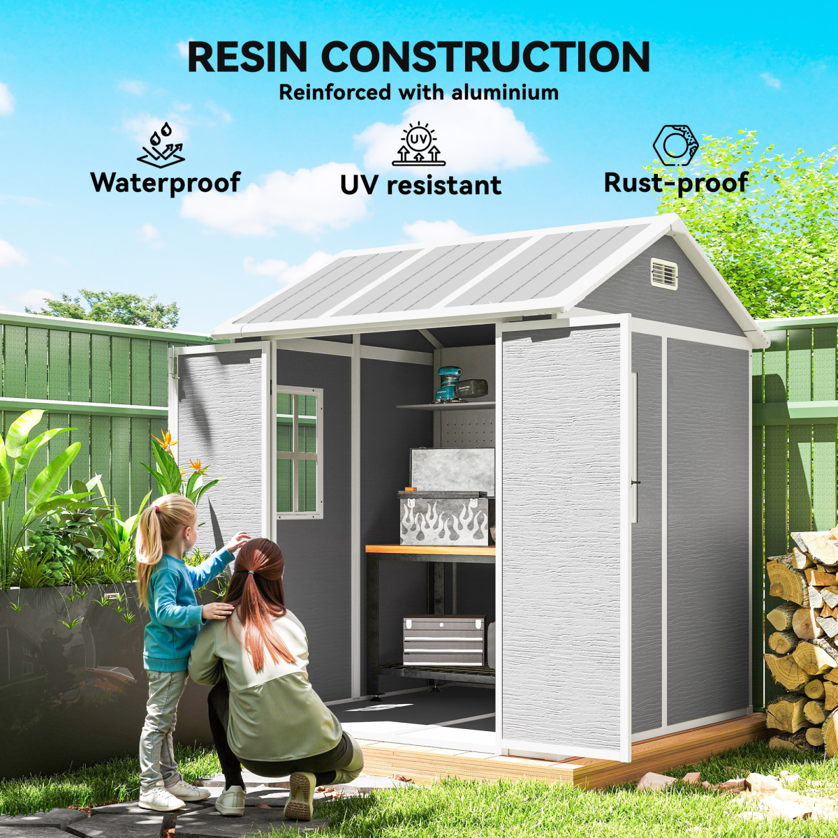 Outsunny 6 x 6ft Grey Plastic Garden Shed with Floor, Window & Vents