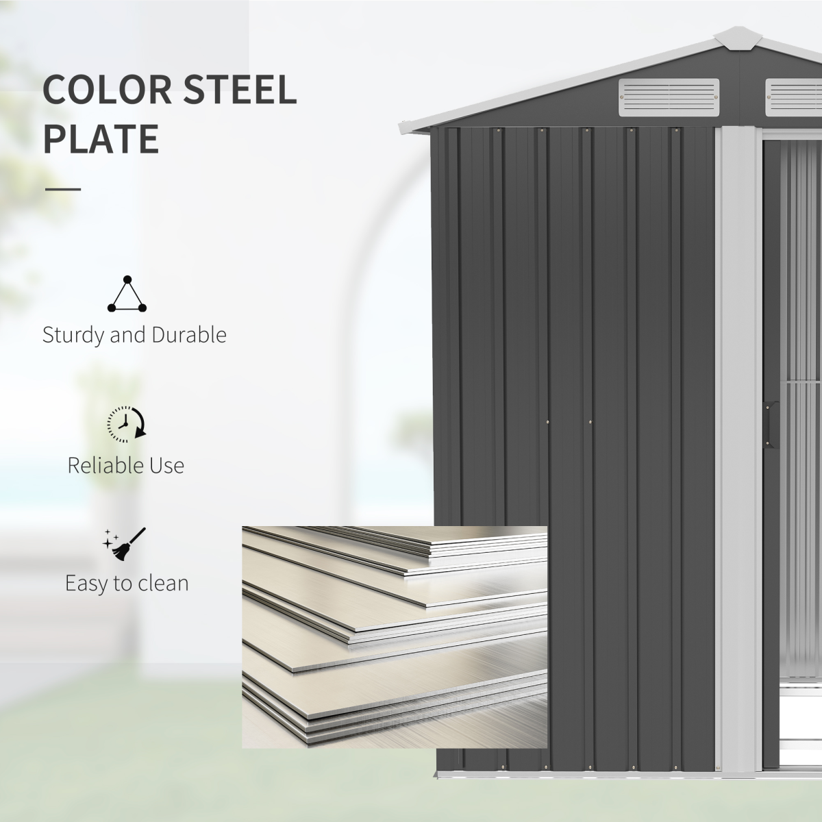 Outsunny Metal Outdoor Storage Shed with Sliding Door and Sloped Roof, 152 x 132 x 188 cm, Grey