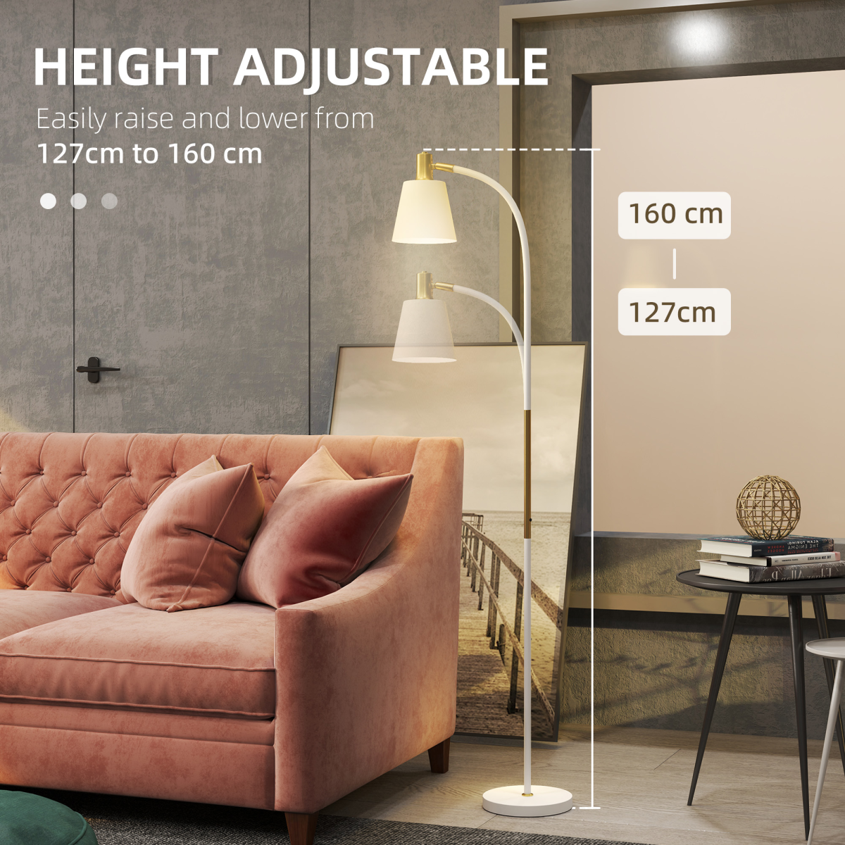 HOMCOM Adjustable Height Spotlight Floor Reading Lamp, White and Gold