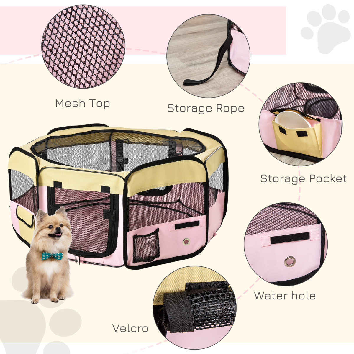 Portable Soft-Sided Fabric Pet Playpen with Mesh Panels, Waterproof Floor, Detachable Cover, and Carrying Bag