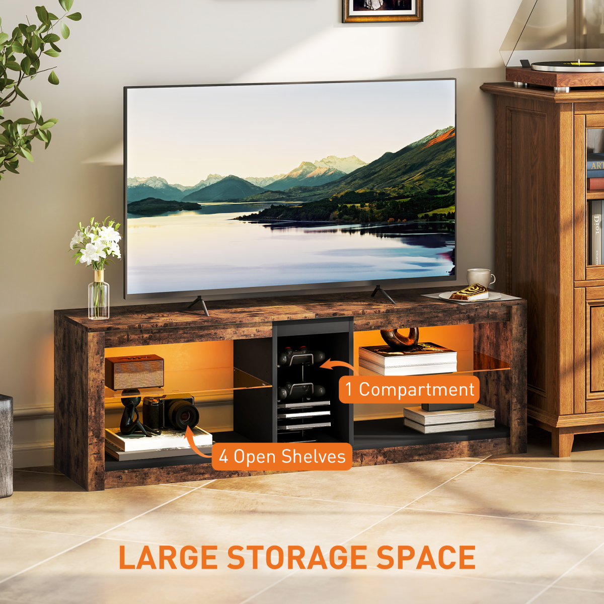 HOMCOM LED TV Stand, Rustic Brown, 140cm Entertainment Centre