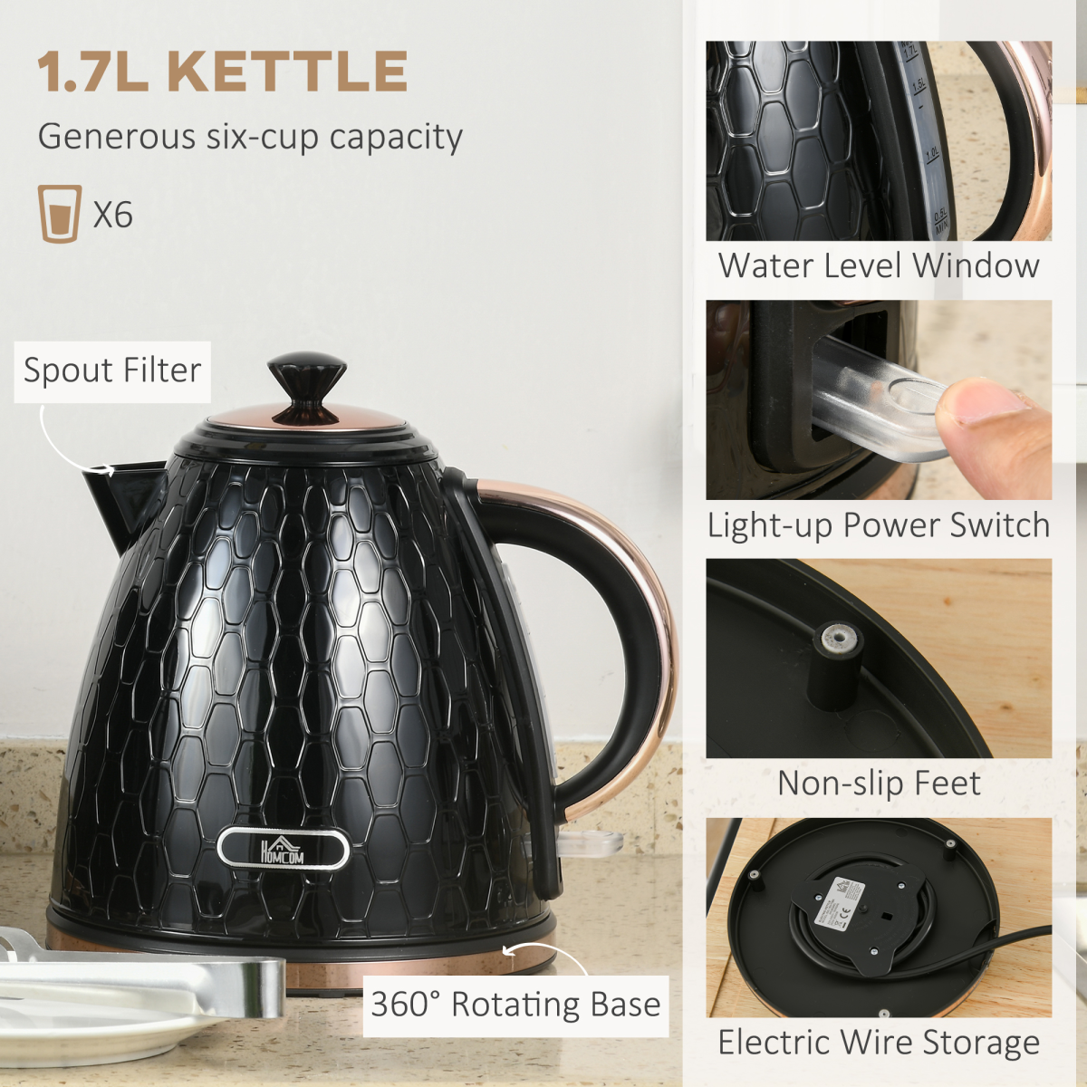 HOMCOM 1.7L Kettle and 4-Slice Toaster Set, Black, Defrost & Reheat