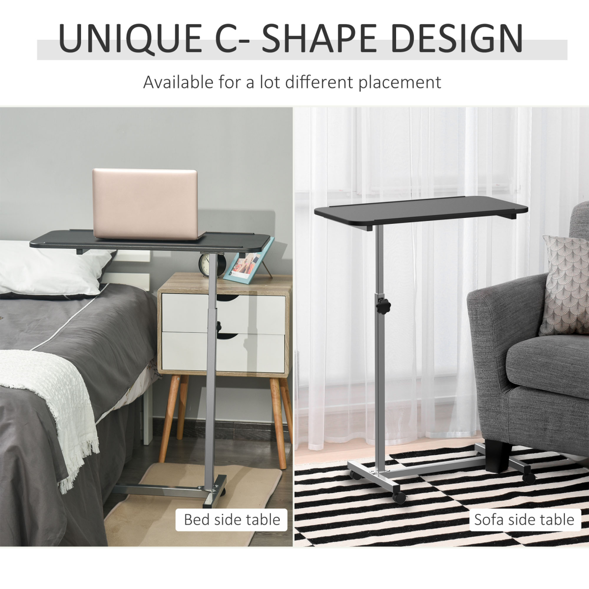 HOMCOM C-Shaped Mobile Sofa Bed Side Table with Adjustable Height, Casters and Locking Brakes