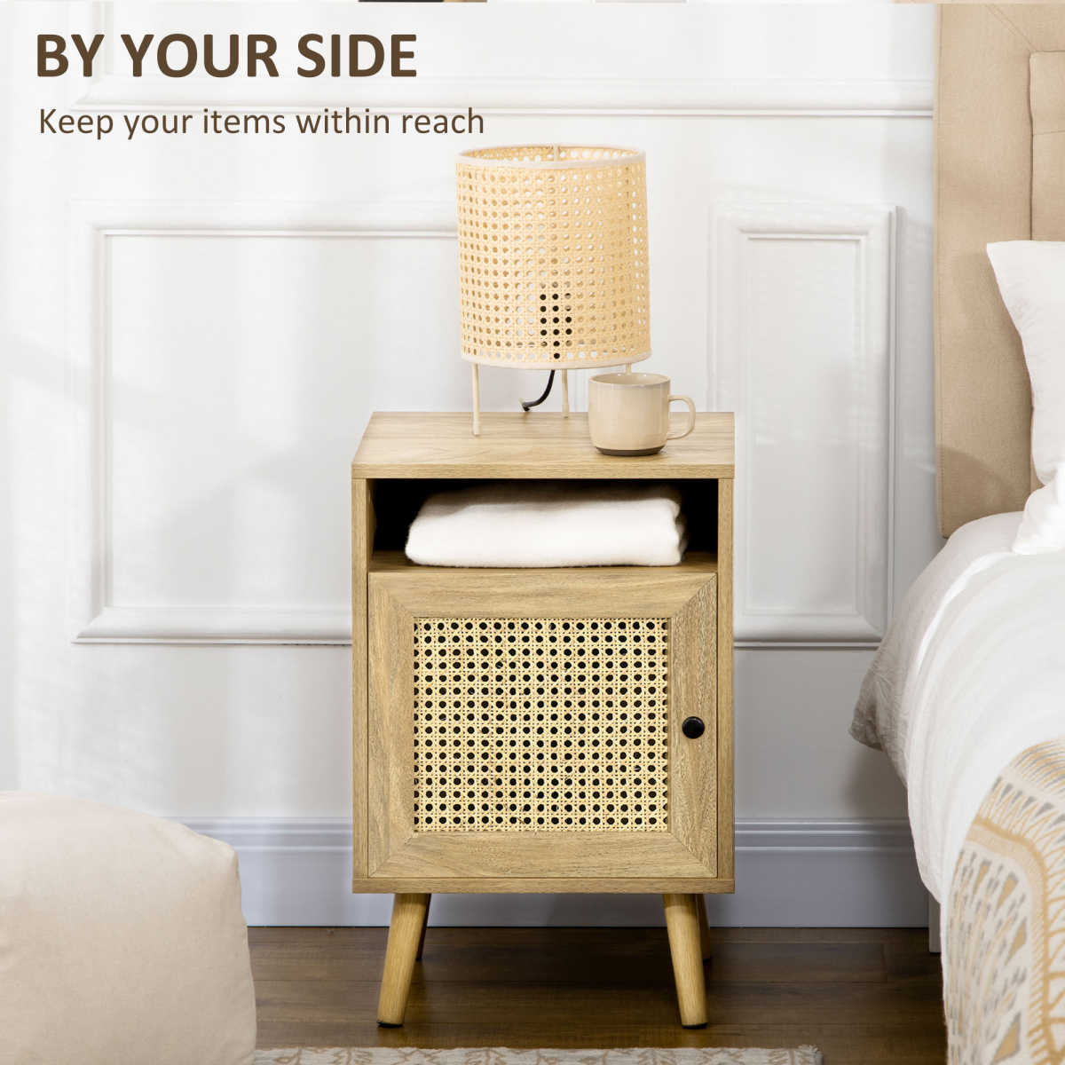 HOMCOM Rattan Nightstand with Cabinet and Shelf, Bedside Table