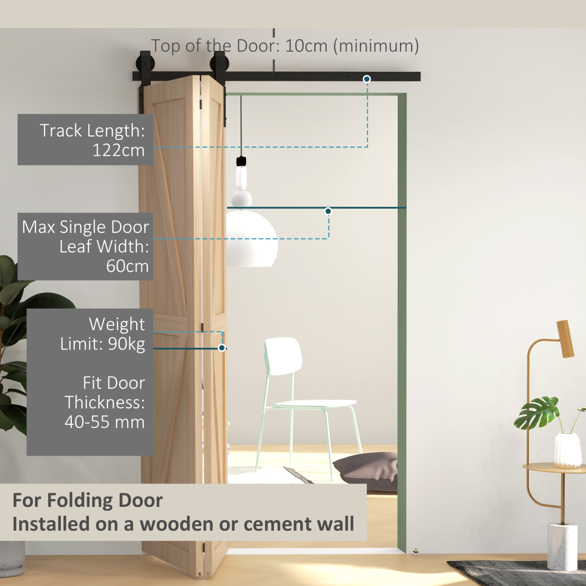 HOMCOM 4FT/122cm Bi-Folding Sliding Barn Door Hardware Kit, Black