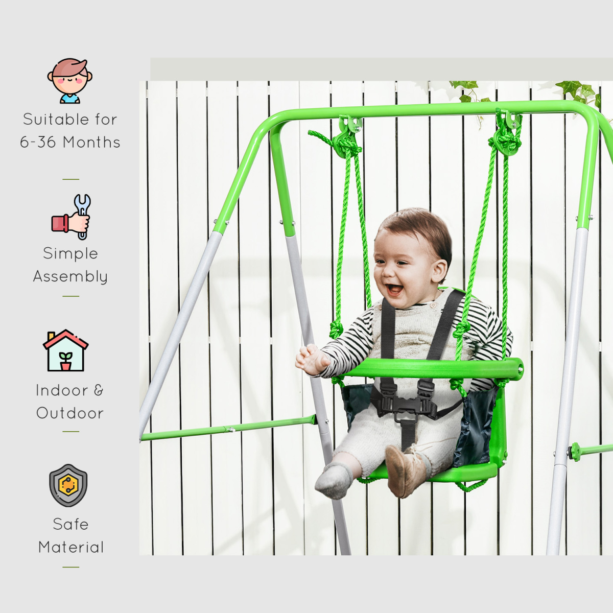 Outsunny Nursery Swing with Safety Seat Belt and Back Support for Indoor and Outdoor Use, 6-36 Months