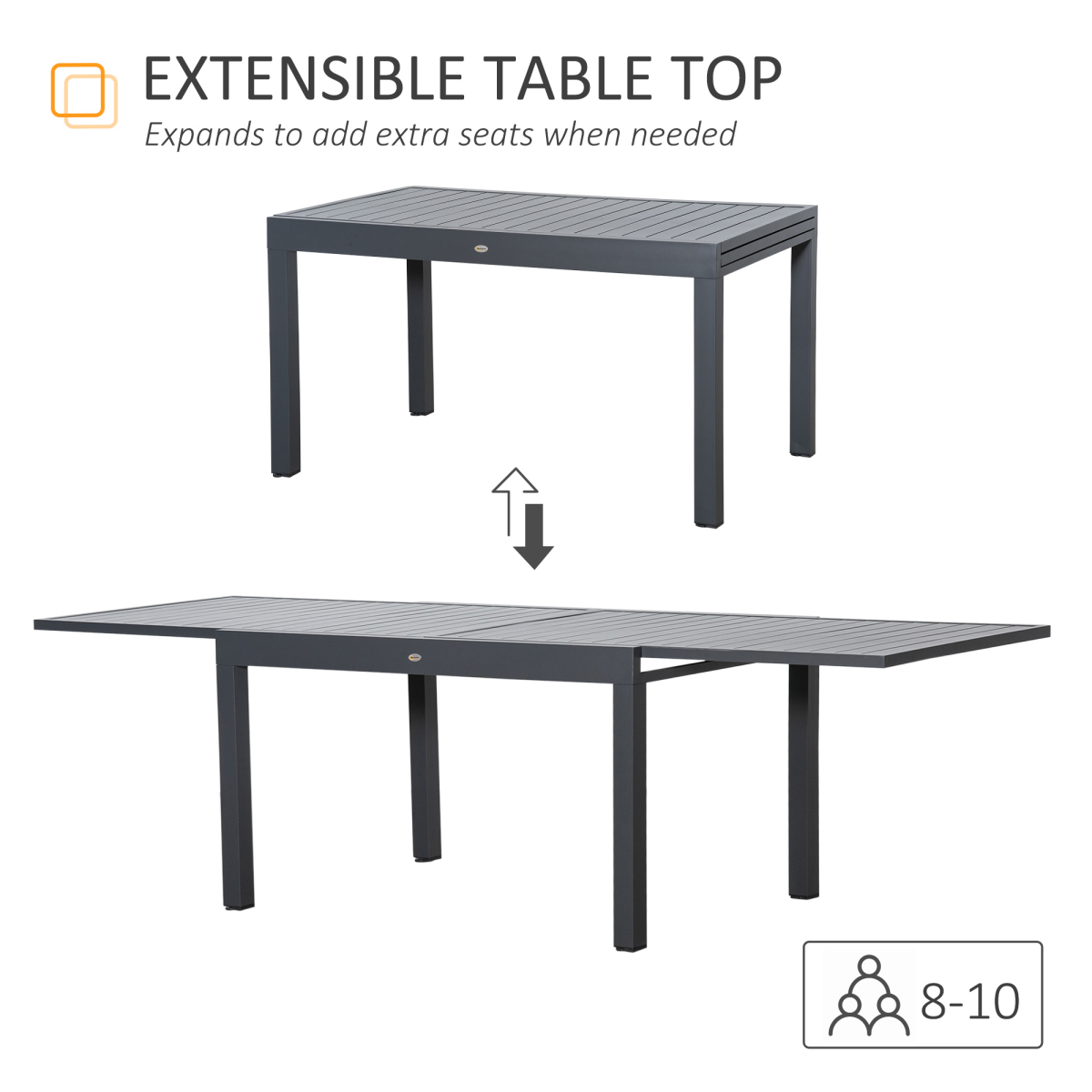Extendable Grey Garden Dining Table 8-10 Seater Aluminium Frame for Outdoor Use