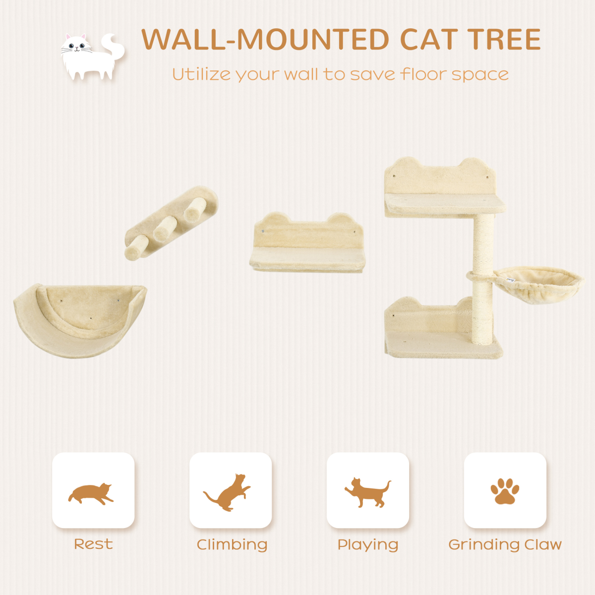 Wall-Mounted Cat Shelves with Hammock, Nest and Scratching Posts - Beige