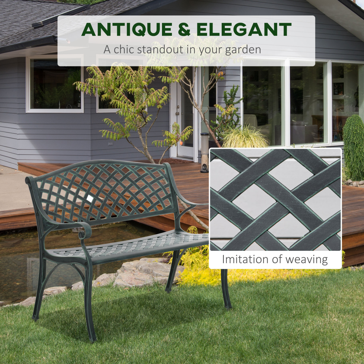 Outsunny Cast Aluminium 2 Seater Garden Bench with Armrests, Antique Patio Porch Loveseat, Verdigris