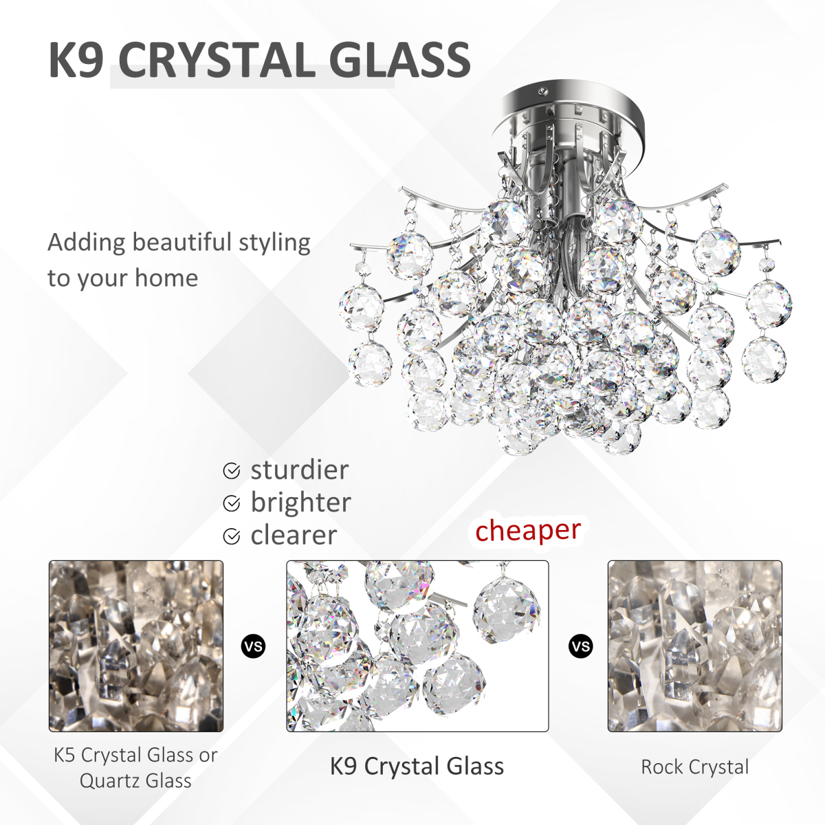HOMCOM Modern K9 Crystal Chandelier Ceiling Light, 3-Light E14 Flush Mount, 43 Crystal Balls, 140 Octagonal Beads, Bulbs Not Included