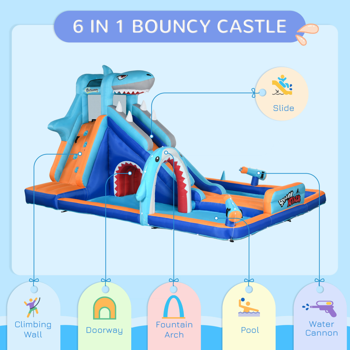 Outsunny 6-in-1 Kids Shark-Themed Bouncy Castle Water Park with Slide, Pool, Trampoline and Blower