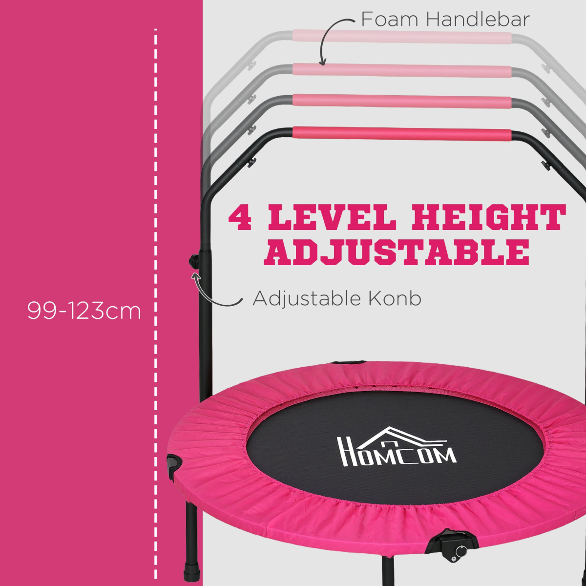 HOMCOM 40in Foldable Fitness Trampoline with Adjustable Handle, Pink