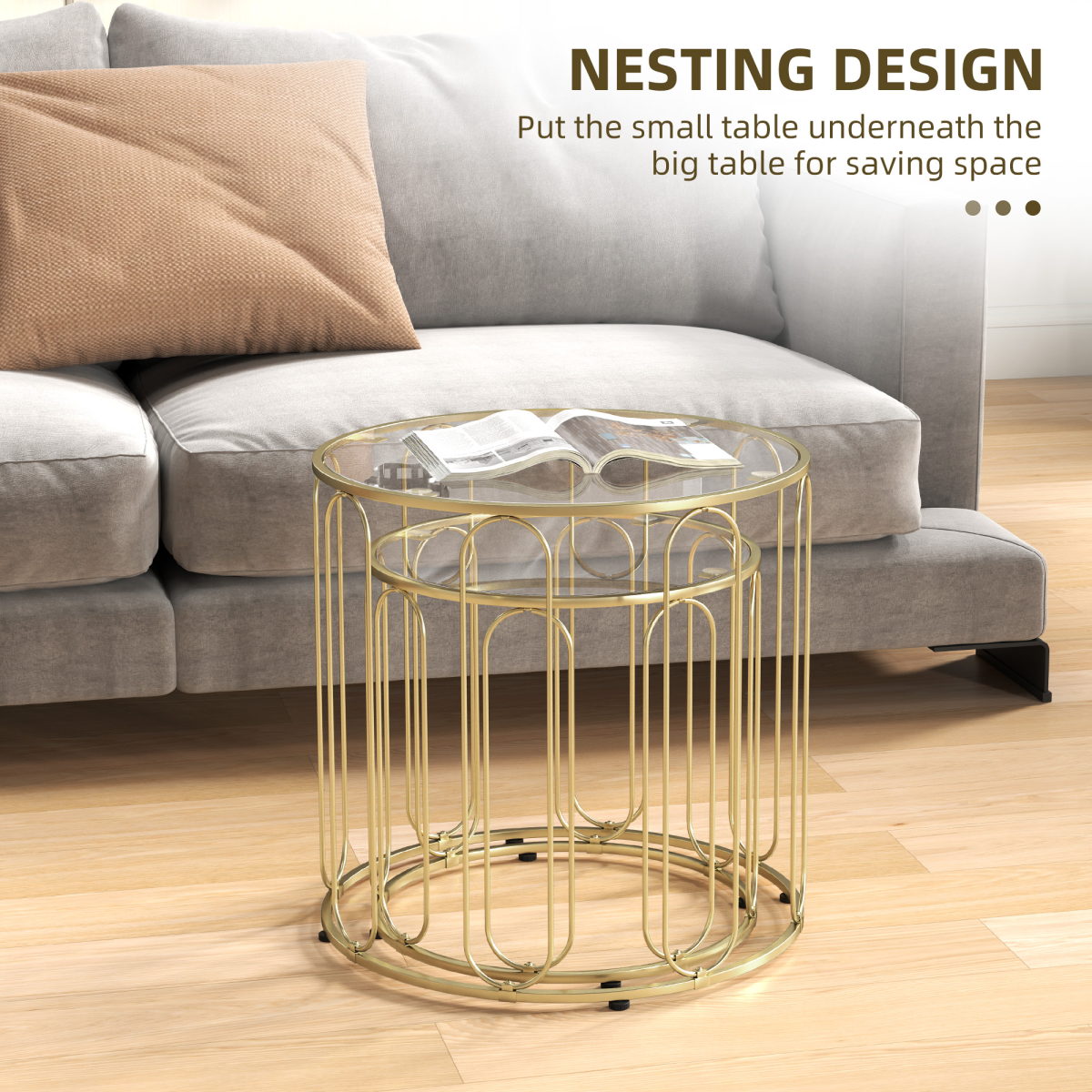 HOMCOM Set of 2 Nesting Coffee Tables with Glass Tops, Gold Tone