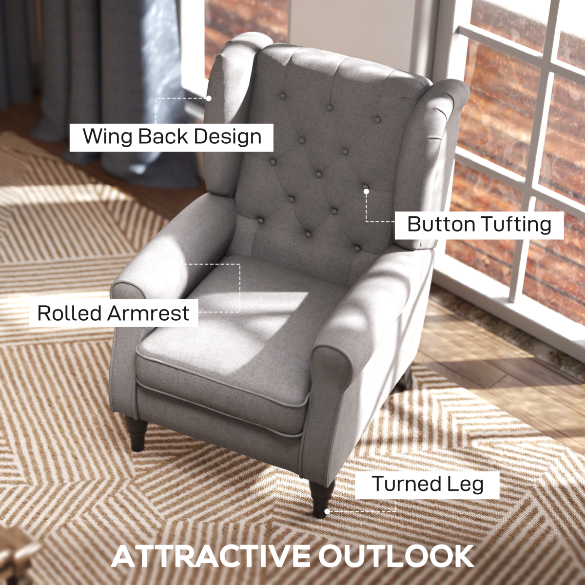 Retro Grey Wingback Accent Armchair with Wood Frame