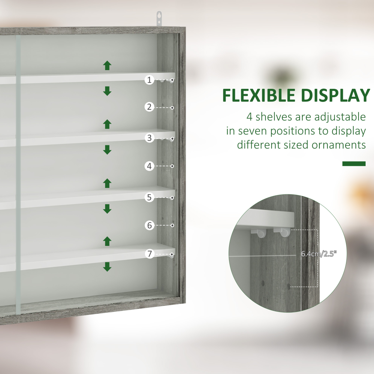 HOMCOM 5-Tier Wall-Mounted Display Cabinet with Glass Doors, Grey