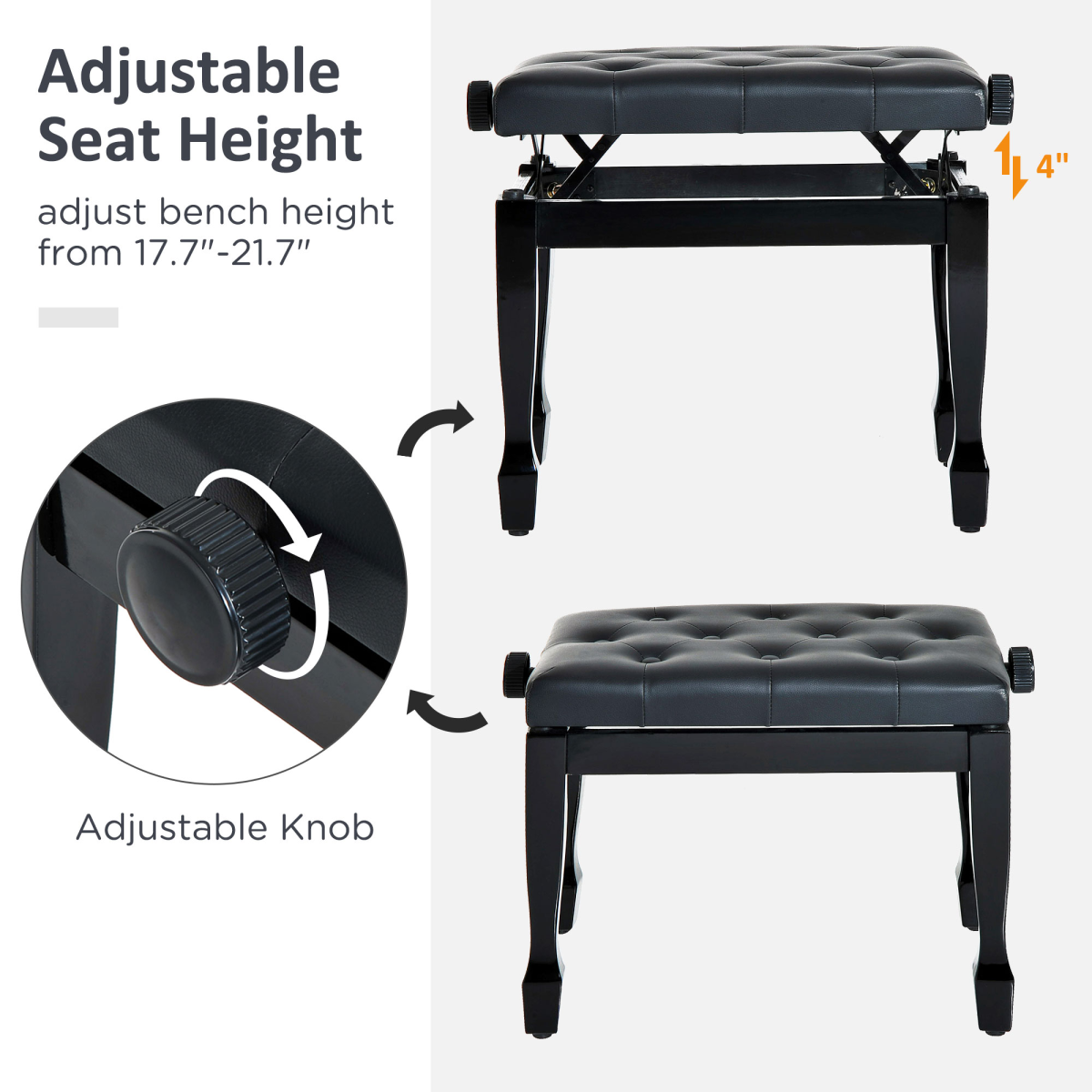 HOMCOM Adjustable Height Piano Bench Padded Faux Leather Seat with Wooden Legs