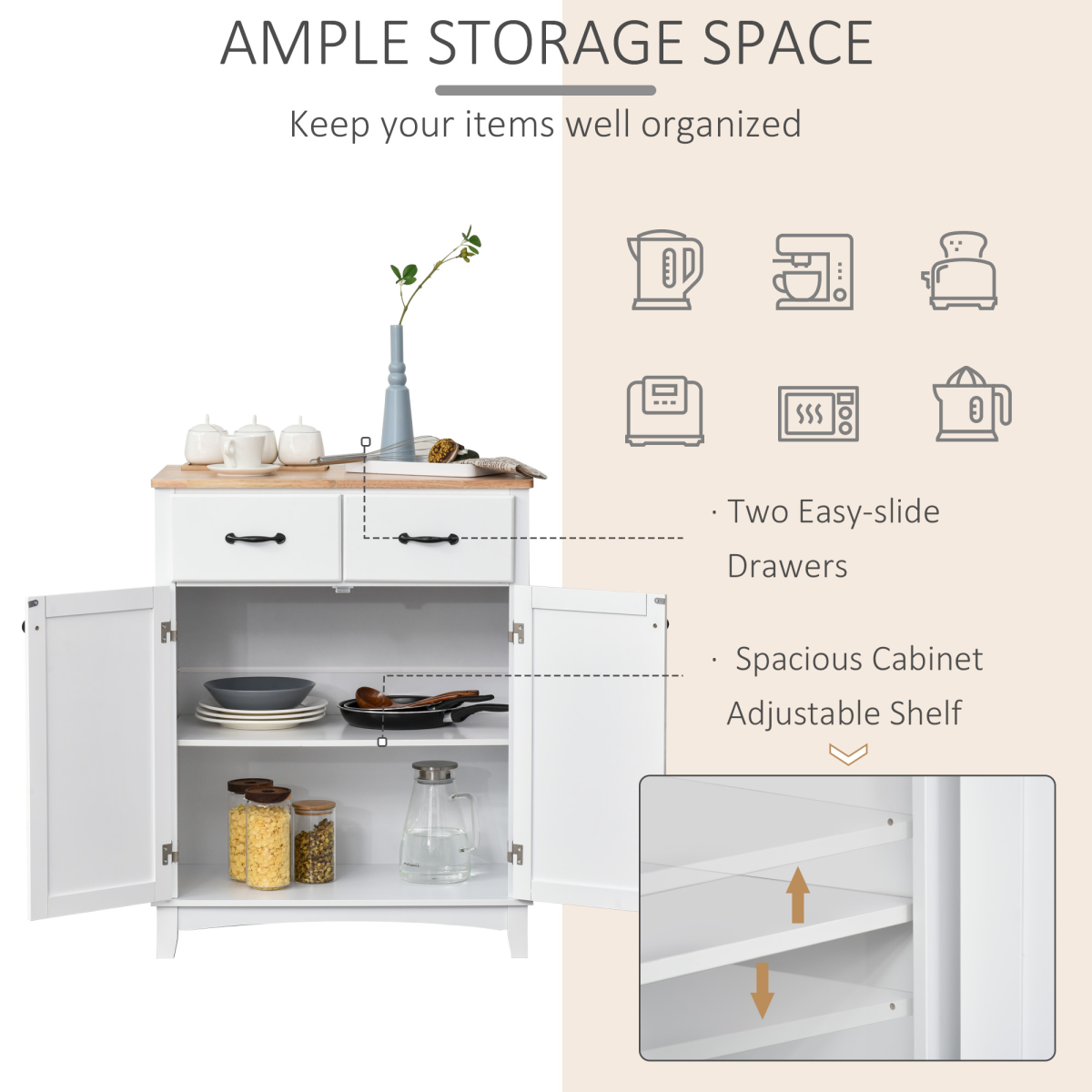 Kitchen Storage Cabinet with Wooden Top, Drawers & Shelf