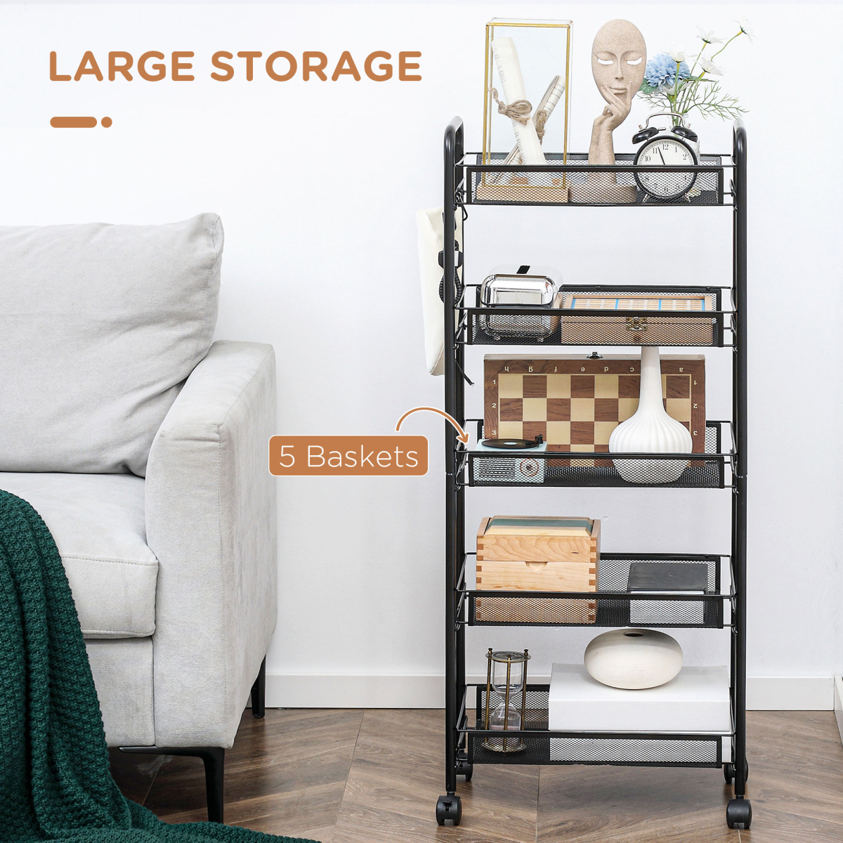 HOMCOM 5-Tier Rolling Utility Cart with Removable Mesh Baskets, Black