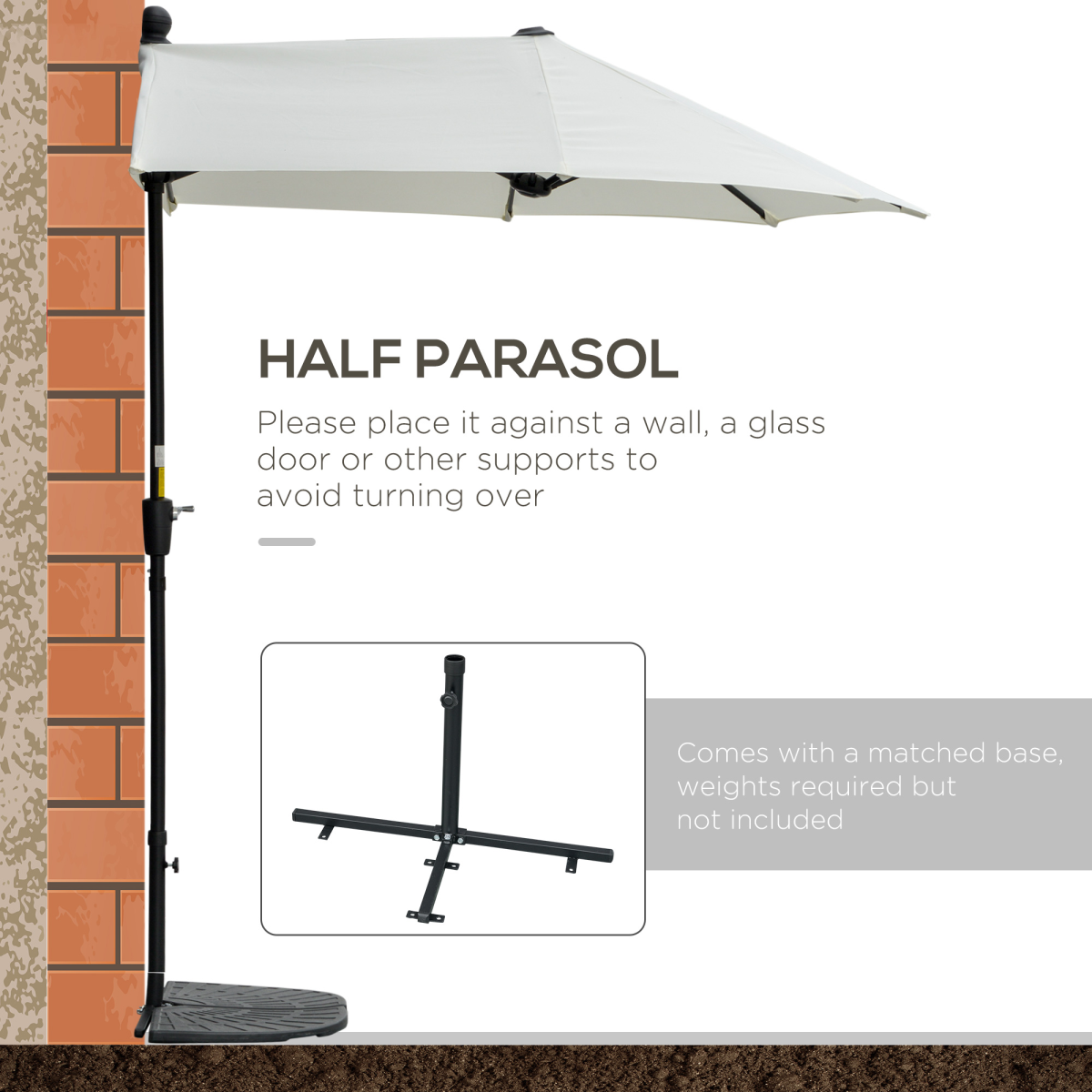 Outsunny 2m Half Balcony Parasol Umbrella with Crank Handle, Cross Base, Cream White