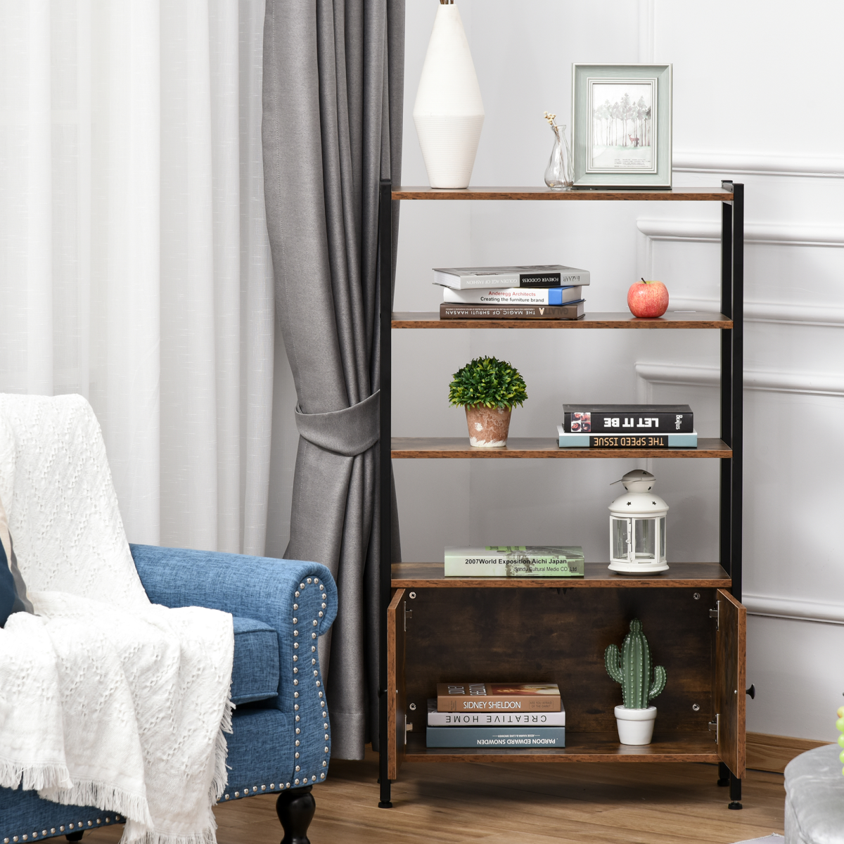 Industrial 3-Shelf Bookcase with Cupboard, Brown and Black