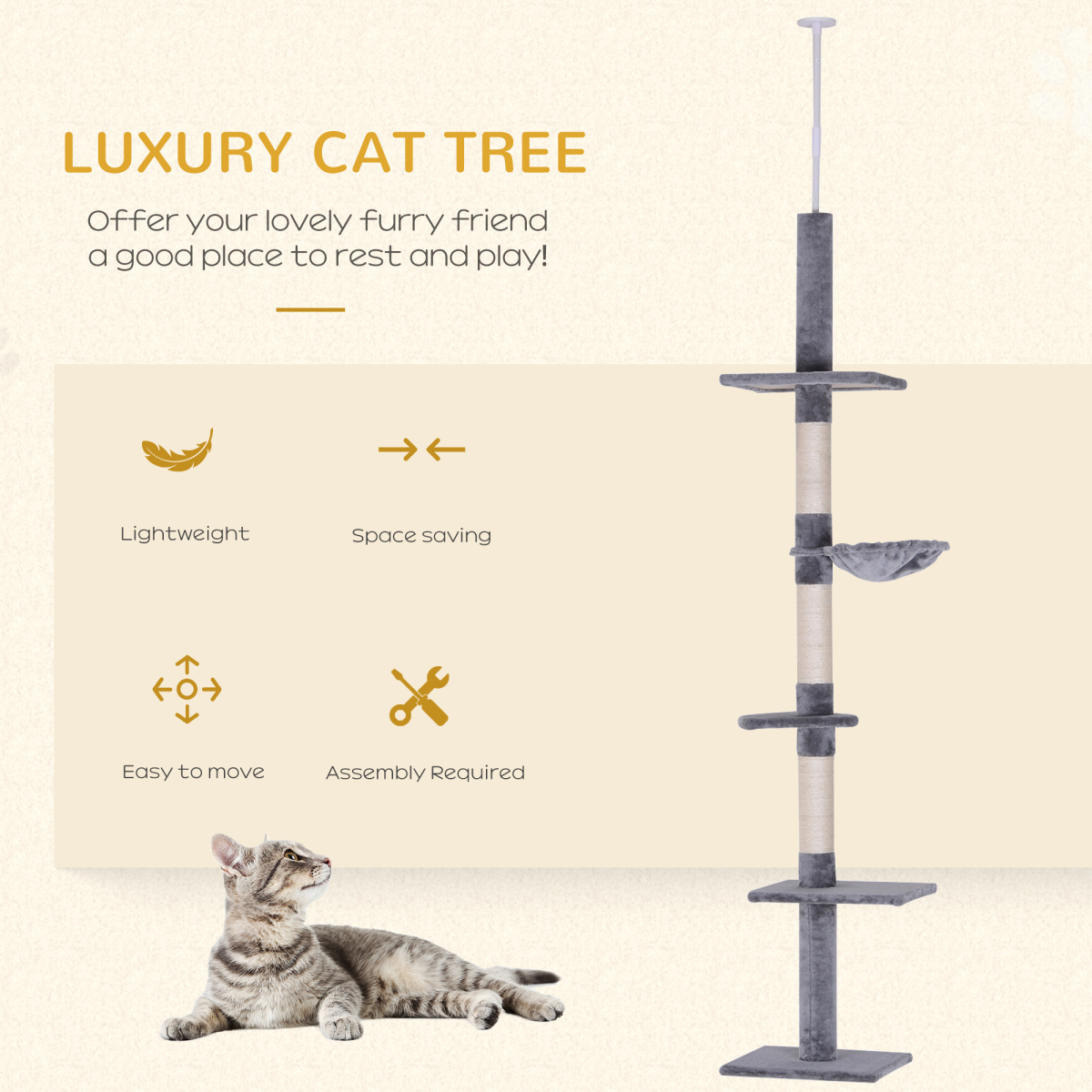 Cat Tree Scratching 5-Tier Kitty Tower Floor to Ceiling Adjustable Pawhut