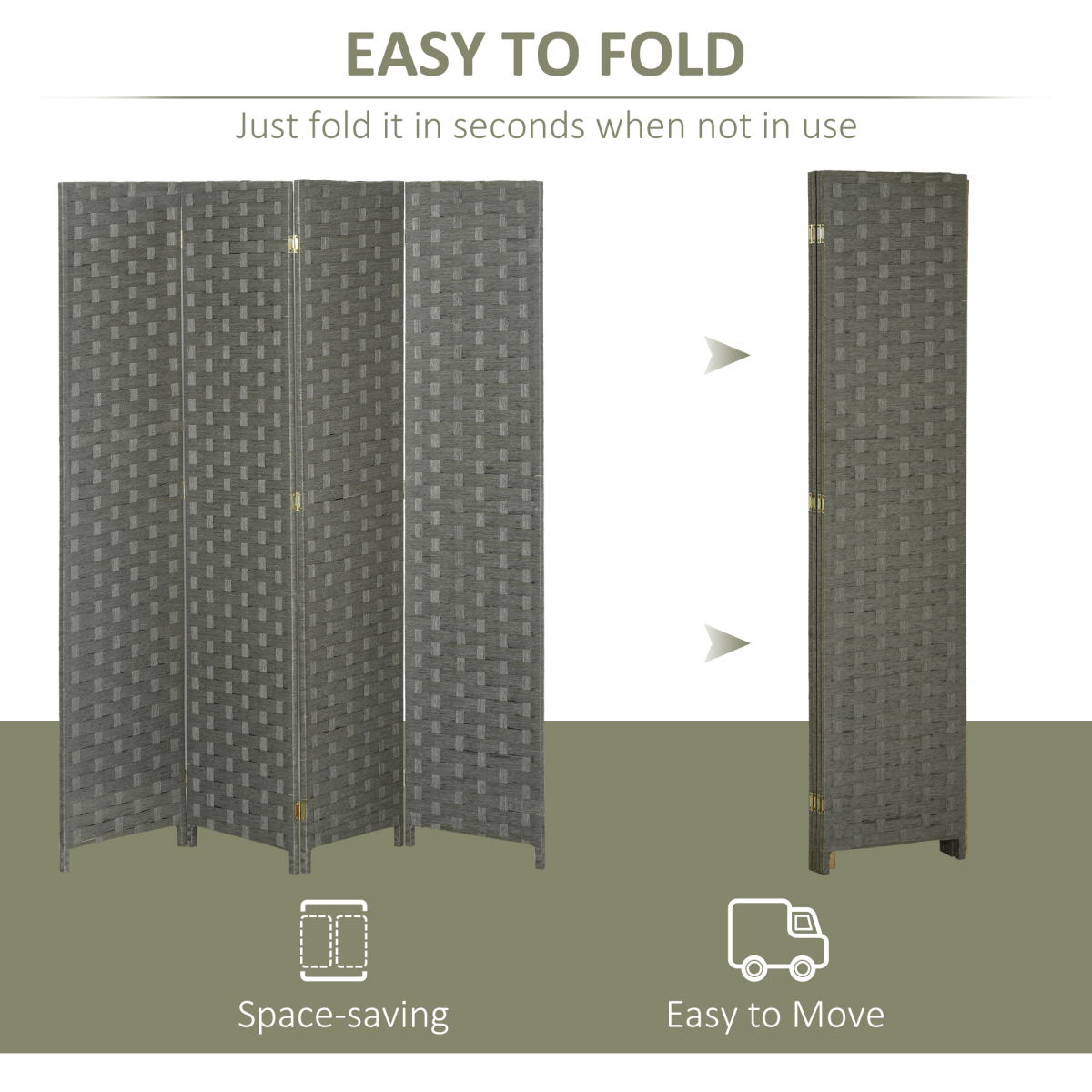 4-Panel Foldable Wave Fibre Room Divider Privacy Screen, Grey