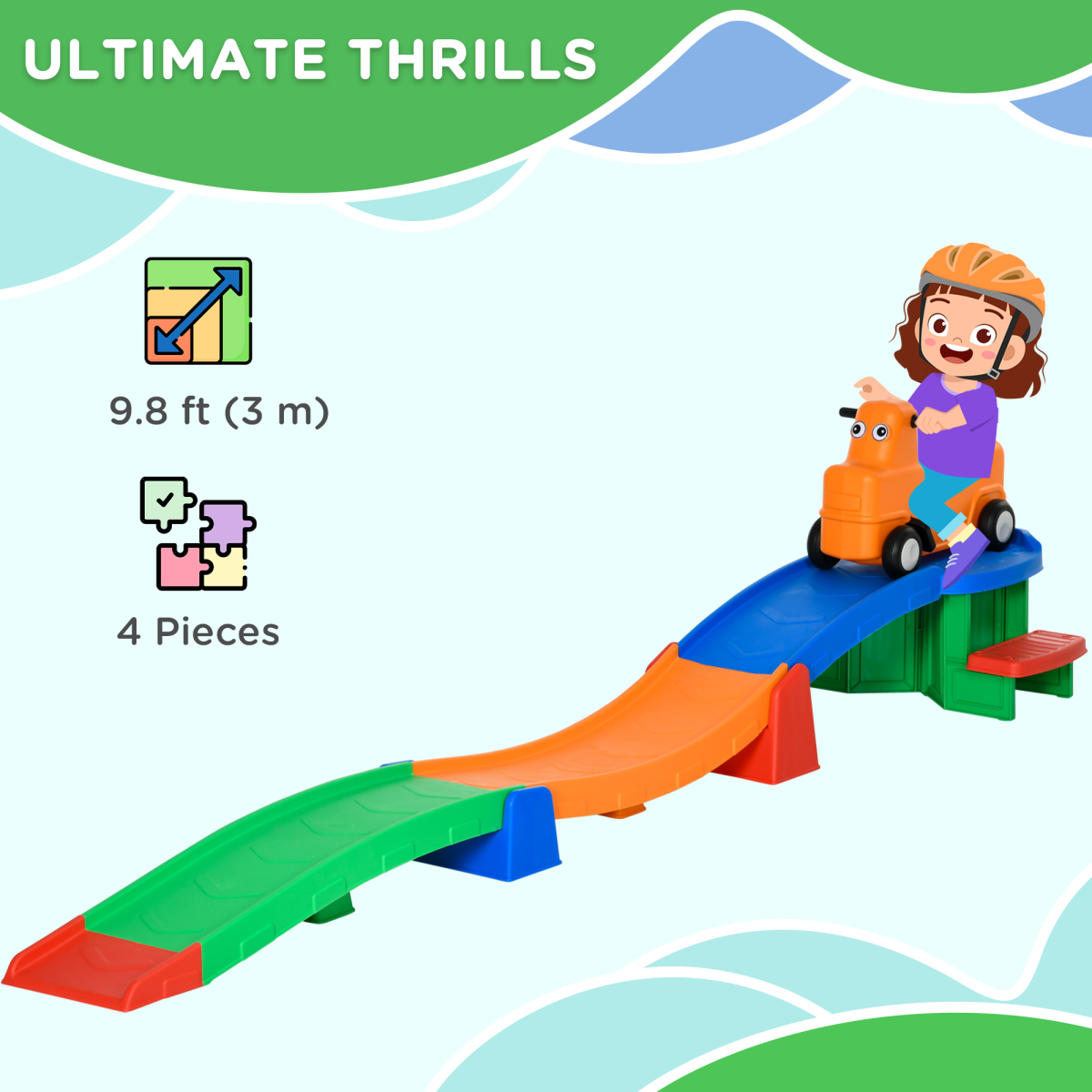 3m Kids Rollercoaster Slide with Non-Slip Steps, Ages 2-5, Multicoloured