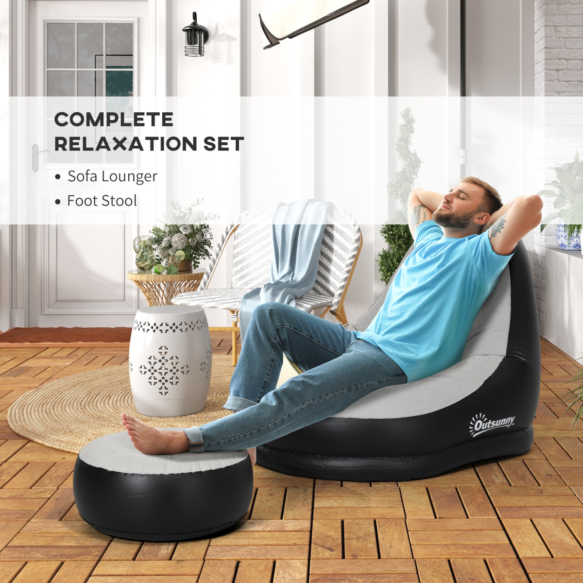 Outsunny Inflatable Sofa Chair and Foot Stool with Cup Holder, Grey