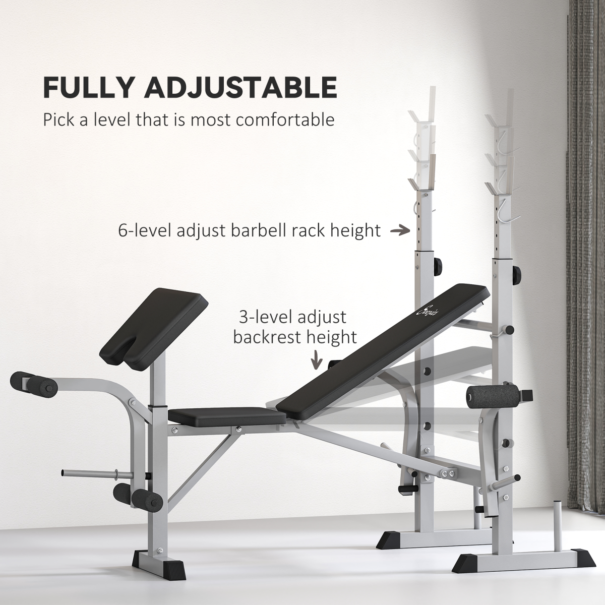 HOMCOM Adjustable Weight Bench with Squat Rack & Leg Developer, Grey