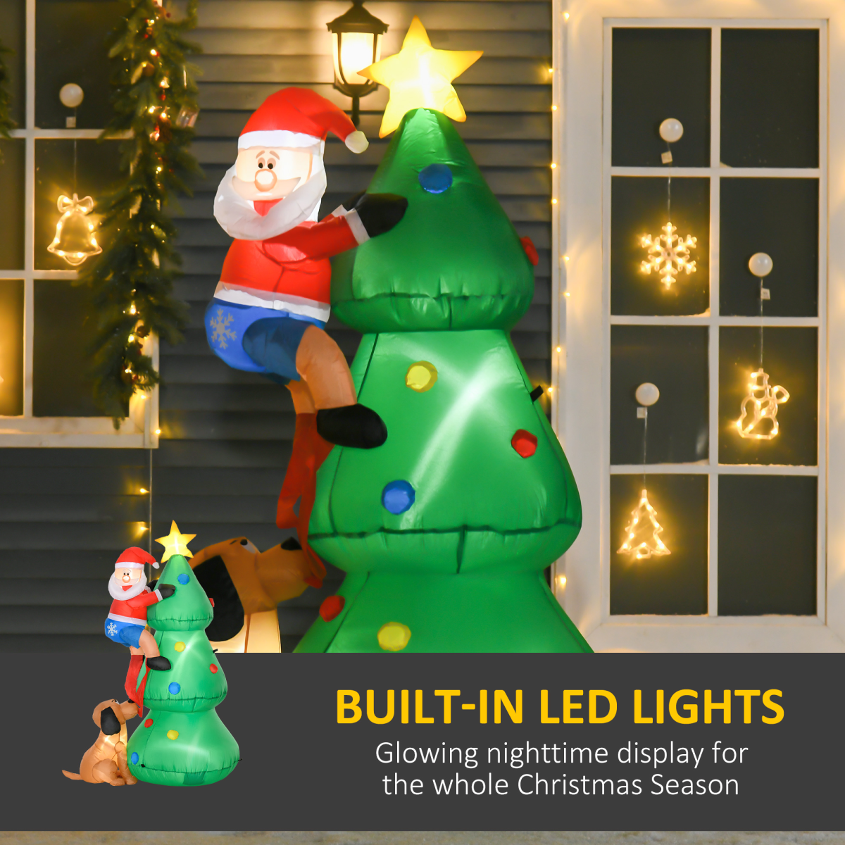 1.8m Inflatable Christmas Tree with Santa Claus and Dog, LED Lighted Christmas Decoration, Indoor and Outdoor Holiday Display