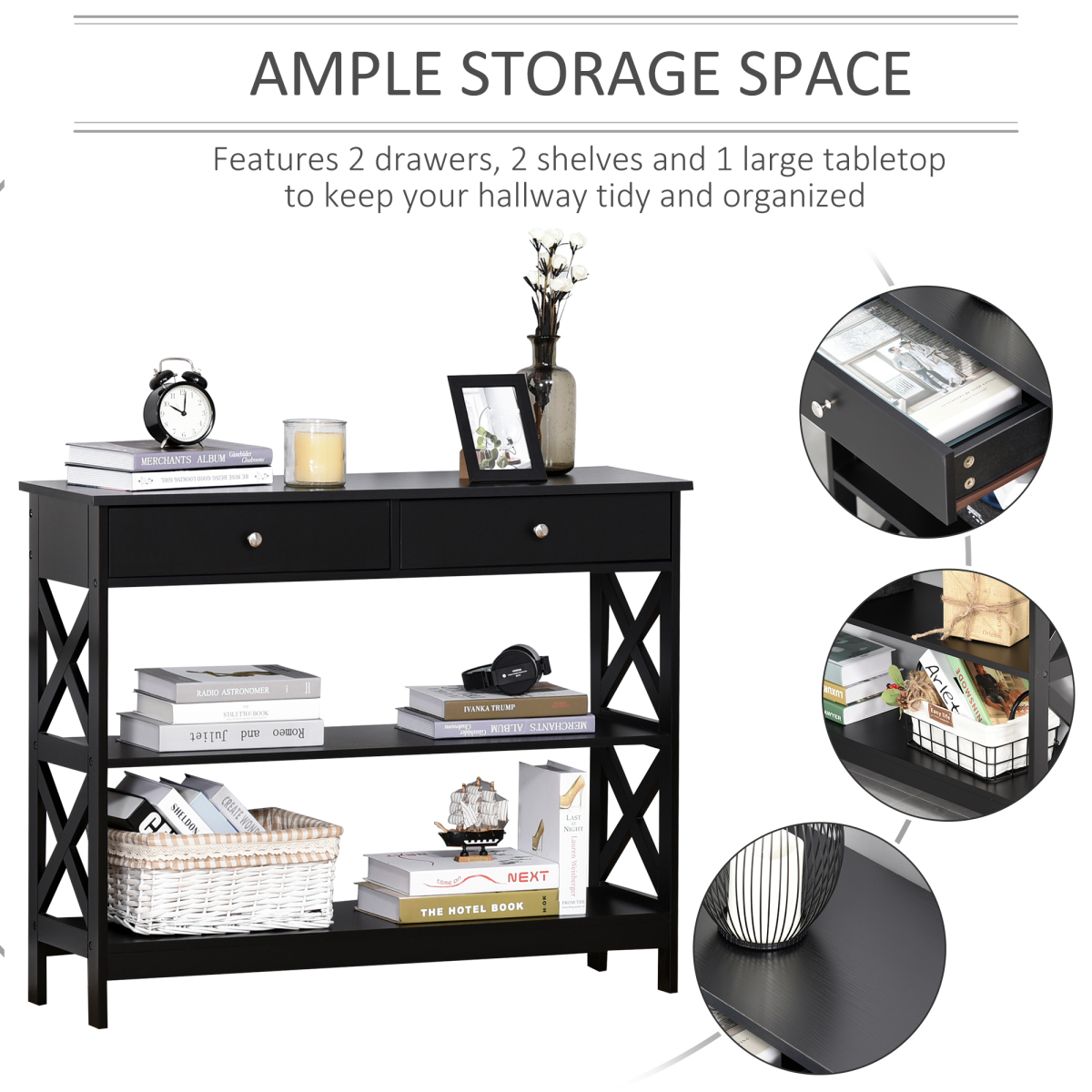 Black Console Table with 2 Drawers and Shelves, Flat Top