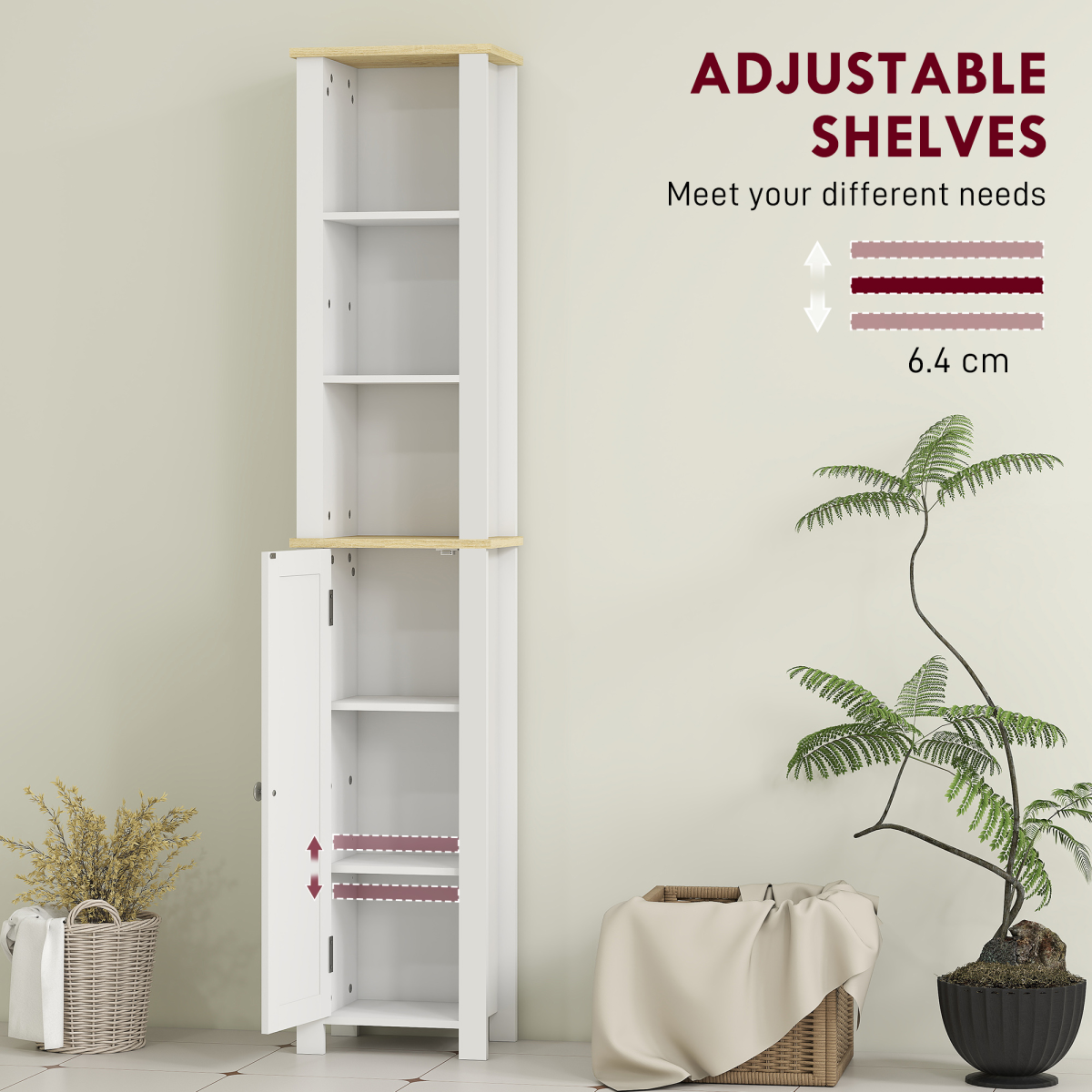 kleankin Slim Bathroom Storage Cabinet with Open Shelf, White