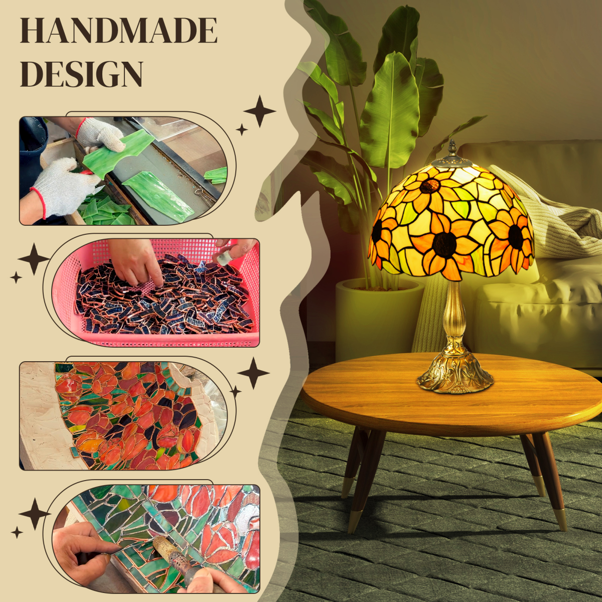 AIYAPLAY Stained Glass Sunflower Table Lamp, E27, Bulb Not Included