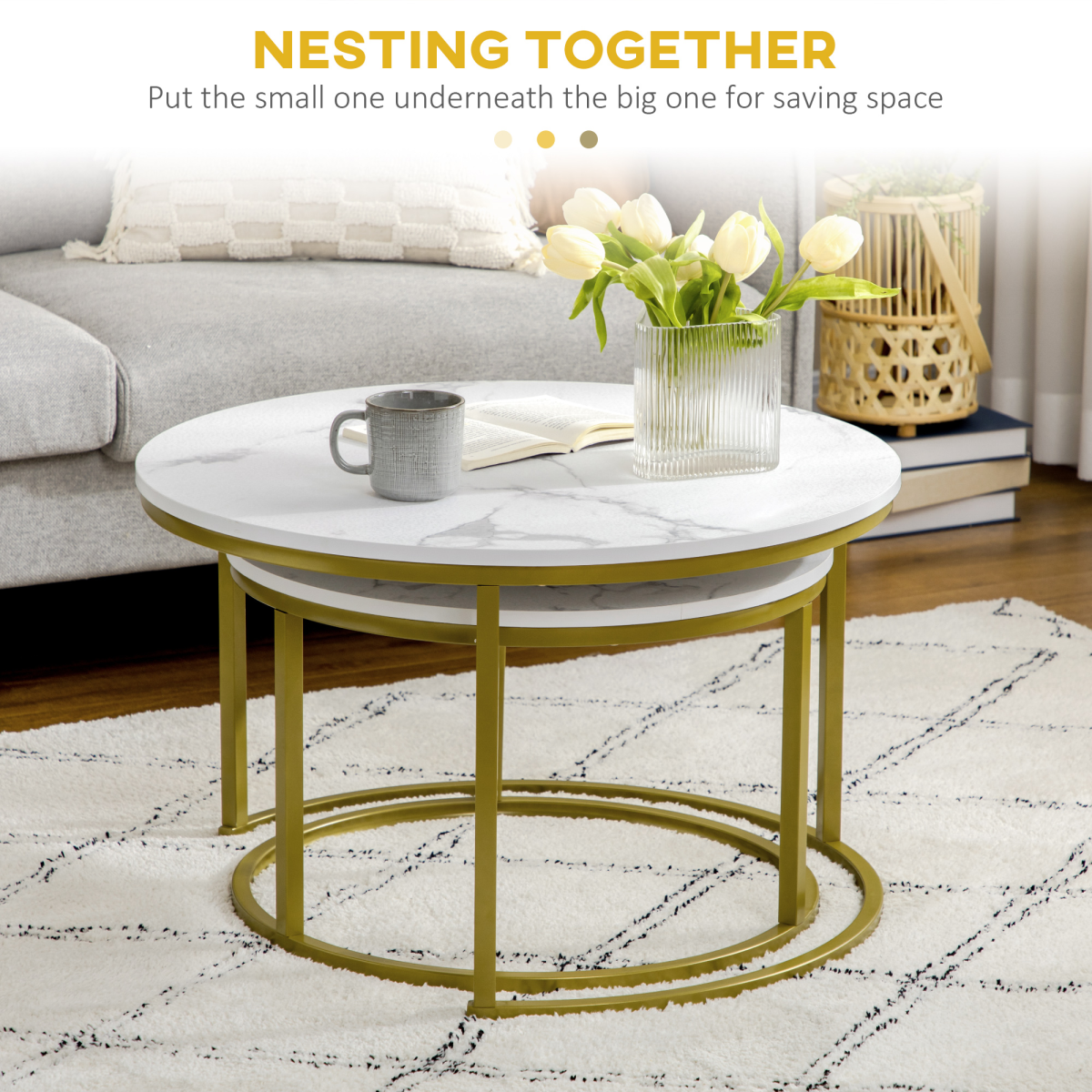 HOMCOM Set of 2 Round Nesting Marble Coffee Tables for Living Room