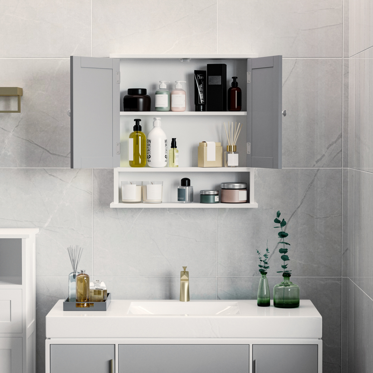 Mirror Cabinet Wall Mounted with Double Mirrored Doors, Hanging Cabinet, Grey